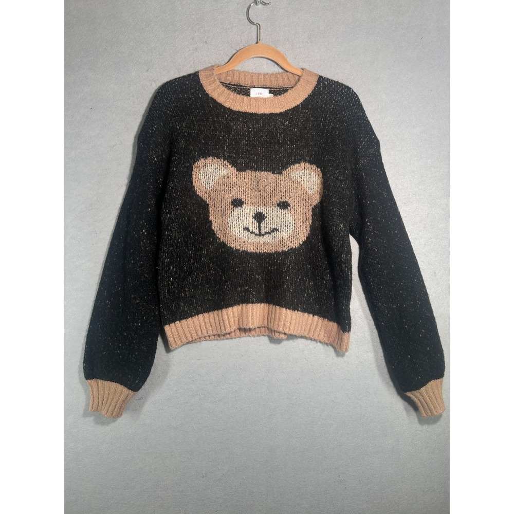 Luna Ivy Black Marled Teddy Bear Graphic Crewneck Sweater K4346 Womens Medium
